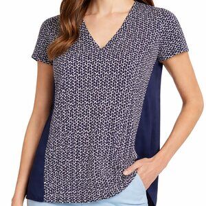 Tory Burch Tessera Top Medium Linen Silk Mixed Media V Neck Short Sleeve Blouse